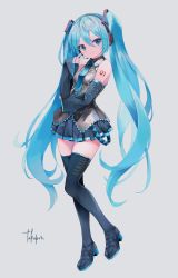 Rule 34 | 1girl, absurdres, bare shoulders, black footwear, black skirt, black thighhighs, blouse, blue eyes, blue hair, blush, boots, breasts, commentary request, detached sleeves, full body, grey background, grey shirt, hair ornament, hatsune miku, headphones, headset, highres, long hair, looking at viewer, medium breasts, necktie, pleated skirt, shirt, shoulder tattoo, signature, simple background, skirt, sleeveless, sleeveless shirt, smile, solo, takepon1123, tattoo, thigh boots, thighhighs, twintails, very long hair, vocaloid, white background, zettai ryouiki