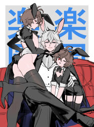 Rule 34 | 3boys, absurdres, aged down, ahoge, animal ears, arm on another&#039;s shoulder, ass, bishounen, black bow, black bowtie, blue eyes, blush, boots, bow, bowtie, brown hair, commentary, commentary request, couch, crossdressing, crossed legs, formal, from side, garter straps, gloves, granblue fantasy, hair between eyes, hand on another&#039;s waist, high heel boots, high heels, highres, leg up, leotard, light smile, looking at viewer, lucifer (shingeki no bahamut), male focus, multiple boys, nipples, on couch, one eye closed, playboy bunny, rabbit ears, rabbit tail, red eyes, sandalphon (granblue fantasy), shirt, short hair, shorts, sitting, suit, sweatdrop, tail, tki, translation request, white gloves, white hair, white shirt, yaoi