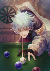 Rule 34 | 1boy, absurdres, aqua hair, ball, billiard ball, billiards, bishounen, black gloves, blurry, cue stick, dartboard, depth of field, earrings, fingerless gloves, gloves, highres, holding cue stick, jacket, jewelry, leaning forward, len (yumekuro), licking lips, long sleeves, looking at another, looking away, looking down, outstretched arm, pool table, short hair, signature, slit pupils, solo, sparkle, table, tongue, tongue out, user xmej7725, yellow eyes, yume shokuin to wasureji no kuroi yousei