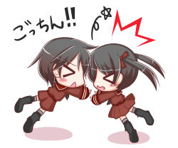 Rule 34 | &gt; &lt;, 2girls, ^^^, black footwear, black hair, black neckerchief, black socks, blush, boots, brown ribbon, brown serafuku, brown shirt, brown shorts, brown skirt, comic, crash, cross-laced footwear, hair ribbon, kantai collection, kneehighs, komakoma (magicaltale), lace-up boots, long hair, long sleeves, mikuma (kancolle), mogami (kancolle), multiple girls, neckerchief, open mouth, pleated skirt, ribbon, school uniform, serafuku, shirt, shorts, simple background, skirt, sleeves past wrists, socks, star (symbol), tears, translation request, twintails, wavy mouth, white background
