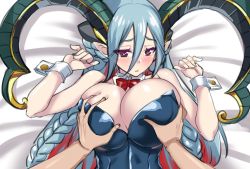 Rule 34 | 1girl, animal ears, bed sheet, blue hair, blush, bow, bowtie, braid, breasts, buttons, cleavage, deep skin, detached collar, fake animal ears, fate/grand order, fate (series), grabbing, grabbing another&#039;s breast, hair between eyes, horns, large breasts, leotard, long hair, looking at viewer, lying, nontraditional playboy bunny, on back, open mouth, playboy bunny, pointy ears, purple eyes, rabbit ears, shirokuma a, solo focus, symbol-shaped pupils, tiamat (fate), twin braids, very long hair, wrist cuffs