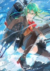 Rule 34 | 1girl, :q, aqua hair, blazer, brown jacket, brown thighhighs, cloud, dated, day, frilled skirt, frills, green eyes, hair between eyes, hair ornament, hairclip, highres, jacket, kantai collection, long hair, long sleeves, nagasawa tougo, outdoors, red neckwear, rigging, skirt, sky, solo, suzuya (kancolle), sweater vest, thighhighs, tongue, tongue out, twitter username, water