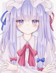 Rule 34 | 1girl, blue bow, border, bow, bowtie, closed mouth, crescent, crescent pin, crossed arms, grey background, hair bow, hat, highres, korira, long hair, long sleeves, looking at viewer, mob cap, multiple bows, patchouli knowledge, pout, purple eyes, purple hair, red bow, red bowtie, simple background, solo, touhou, upper body, white border, white hat