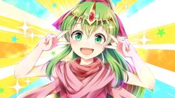 Rule 34 | 1girl, double v, emotional engine - full drive, erector 58, fire emblem, fire emblem: mystery of the emblem, green eyes, green hair, long hair, nintendo, open mouth, pointy ears, ponytail, solo, sparkle, tiara, tiki (fire emblem), tiki (young) (fire emblem), upper body, v