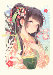 Rule 34 | 1girl, black hair, branch, closed mouth, commentary request, dated, day, floral print, flower, flower ring, green ribbon, hair flower, hair ornament, hair ribbon, hair stick, hand on own chest, japanese clothes, jewelry, kamui natsuki, kimono, long hair, looking at viewer, obi, original, personification, pink eyes, pink kimono, ponytail, reiwa, ribbon, ring, sash, signature, smile, solo, twitter username, upper body