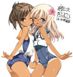 Rule 34 | 10s, 2girls, ass, blonde hair, blue eyes, brown hair, cheek-to-cheek, crop top, holding hands, heads together, highres, i-401 (kancolle), kantai collection, kugimiya atsuki, long hair, multiple girls, one-piece swimsuit, one-piece tan, one eye closed, orange eyes, ro-500 (kancolle), sailor collar, school swimsuit, short hair, standing, swimsuit, swimsuit under clothes, tan, tanline, v