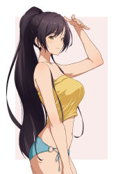 Rule 34 | 1girl, absurdres, arm at side, arm up, bare arms, bare shoulders, bikini, black hair, blue bikini, breasts, closed mouth, cowboy shot, crop top, from side, high ponytail, highres, idolmaster, idolmaster shiny colors, large breasts, long hair, looking at viewer, looking to the side, midriff, navel, nishizuki shino, o-ring, o-ring bottom, ponytail, shirase sakuya, shirt, simple background, smile, strapless, swept bangs, swimsuit, tube top, very long hair, yellow eyes, yellow shirt