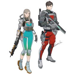 Rule 34 | 1boy, 1girl, absurdres, armor, artist name, backpack, bag, beam rifle, blue bodysuit, bodysuit, breasts, brown hair, cleavage, energy gun, gloves, grey footwear, grey gloves, grey hair, gun, highres, holding, holding gun, holding weapon, holster, knee pads, medium breasts, original, pants, pouch, red pants, simple background, sonech, standing, weapon, white background