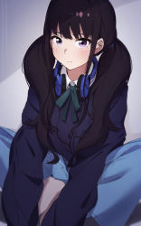 Rule 34 | 1girl, absurdres, barefoot, black hair, black shirt, closed mouth, collared shirt, commentary request, denim, green ribbon, headphones, headphones around neck, highres, inoue takina, jeans, kuwa aak, light blush, long hair, looking at viewer, lycoris recoil, neck ribbon, pants, purple eyes, ribbon, shirt, sitting, solo, twintails