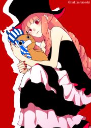 Rule 34 | 1girl, braid, curry gohan, dress, female focus, hat, kumacy, long hair, nail polish, one piece, perona, pink hair, red nails, simple background, sitting, smile, solo, strapless, stuffed toy