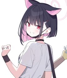 Rule 34 | 1girl, animal ears, bass guitar, black choker, black hair, black mask, blue archive, blunt ends, cat ears, choker, colored inner hair, commentary request, earclip, earrings, extra ears, from behind, halo, highres, instrument, jewelry, jyt, kazusa (band) (blue archive), kazusa (blue archive), looking at viewer, looking back, mask, mask pull, mouth mask, multicolored hair, official alternate costume, pink hair, pink halo, ring, shirt, short hair, simple background, solo, stud earrings, two-tone hair, upper body, white background, white shirt, wristband