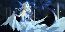 Rule 34 | 1girl, artist name, azur lane, bare shoulders, blue eyes, blue ribbon, breasts, clothes lift, dress, dress lift, elbow gloves, floating hair, from behind, gloves, head wings, highres, illustrious (azur lane), large breasts, long hair, looking at viewer, looking back, mole, mole under eye, petals, ribbon, sleeveless, sleeveless dress, solo, standing, swd3e2, white dress, white gloves, white hair, wide shot, wings