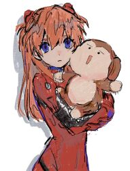 Rule 34 | 1girl, bodysuit, brown hair, empty eyes, feet out of frame, highres, holding, holding stuffed toy, interface headset, long hair, looking at viewer, neon genesis evangelion, plugsuit, red bodysuit, shiny clothes, simple background, solo, souryuu asuka langley, standing, stuffed animal, stuffed toy, takuanoisi, two side up, white background