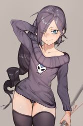 Rule 34 | 1girl, bare shoulders, blue eyes, drill hair, hair ornament, hair over one eye, highres, long hair, off-shoulder, off-shoulder sweater, purple hair, solo, sweater, thighhighs, underwear, wink, zone-tan