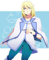 Rule 34 | 00s, 1boy, bad id, bad pixiv id, bishounen, blonde hair, blue background, blue eyes, bracelet, eterno, jewelry, male focus, mithos yggdrasill, smile, solo, tales of (series), tales of symphonia