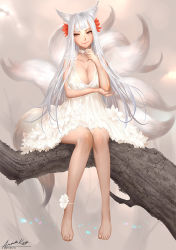 Rule 34 | 1girl, animal ears, anklet, ariverkao, barefoot, breasts, choker, cleavage, fox ears, fox tail, jewelry, kitsune, large breasts, long hair, multiple tails, orange eyes, original, solo, tail, white hair