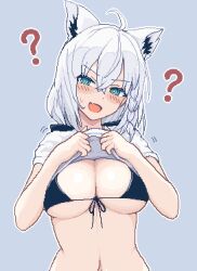 Rule 34 | 1girl, ?, @ @, ahoge, alternate costume, animal ears, bikini, black bikini, blue background, blush, braid, breasts, cleavage, clothes lift, commentary, fang, fox ears, fox girl, front-tie bikini top, front-tie top, green eyes, hair between eyes, hololive, lifted by self, looking at viewer, navel, open mouth, pixel art, shirakami fubuki, shirt, shirt lift, single braid, skin fang, solo, stomach, swimsuit, symbol-only commentary, upper body, virtual youtuber, white hair, white shirt, zou eita