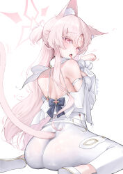 Rule 34 | 1girl, absurdres, akira (blue archive), animal ear fluff, animal ears, ass, back, blue archive, blush, breasts, cat ears, cat tail, chee ke, halo, highres, long hair, long sleeves, medium breasts, mole, mole under eye, open mouth, pants, pink halo, red eyes, shoes, simple background, solo, tail, tongue, tongue out, twitter username, white background, white footwear, white hair, white pants