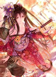 Rule 34 | 1girl, autumn, autumn leaves, bare shoulders, barefoot, breasts, brown hair, cleavage, closed mouth, dutch angle, falling leaves, floral print, hair ornament, holding, holding sword, holding weapon, japanese clothes, katana, kimono, lamppost, leaf, lens flare, long hair, looking at viewer, medium breasts, no bra, off shoulder, print kimono, rope, rozer, smile, solo, sword, tree, unleashed, very long hair, weapon, yellow eyes
