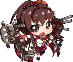 Rule 34 | 10s, 1girl, brown eyes, brown hair, carillus, chibi, detached sleeves, headgear, kantai collection, looking at viewer, lowres, machinery, open mouth, pleated skirt, ponytail, simple background, skirt, solo, turret, white background, yamato (kancolle)