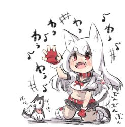Rule 34 | +++, 1girl, afterimage, animal, animal ears, arm up, azur lane, bad id, bad pixiv id, belt, belt buckle, black sailor collar, black skirt, blush, braid, breasts, buckle, commentary request, crop top, eighth note, fangs, fingerless gloves, gloves, hair ornament, long hair, loose socks, medium breasts, midriff, musical note, navel, open mouth, pleated skirt, puffy short sleeves, puffy sleeves, red belt, red eyes, red gloves, sailor collar, school uniform, serafuku, shirt, short sleeves, side braid, single braid, skirt, socks, solo, tail, tail wagging, thick eyebrows, translation request, u-non (annon&#039;an), underboob, very long hair, white background, white hair, white legwear, white shirt, wolf ears, wolf girl, wolf tail, yuudachi (azur lane)