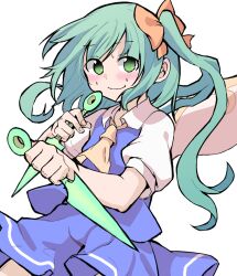 Rule 34 | 1girl, ascot, blue skirt, blue vest, blush, bow, collared shirt, cowboy shot, daiyousei, dot nose, eyes visible through hair, fairy wings, green eyes, green hair, hair bow, holding, holding weapon, kunai, looking at viewer, orange bow, puffy short sleeves, puffy sleeves, shinmon akika, shirt, short sleeves, side ponytail, sidelocks, simple background, skirt, skirt set, smile, solo, sweat, touhou, vest, wavy mouth, weapon, white background, white shirt, wings, yellow ascot