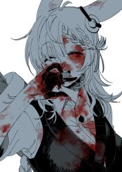 Rule 34 | 1girl, animal ears, arknights, arrow (projectile), blood, blood on clothes, blood on face, blood on hands, braid, braided bangs, closed eyes, coin hair ornament, collared shirt, commentary request, gloves, hair ornament, hand up, highres, kroos (arknights), kroos the keen glint (arknights), long hair, looking at viewer, open mouth, quiver, rabbit ears, shirt, smile, spot color, upper body, yukataro