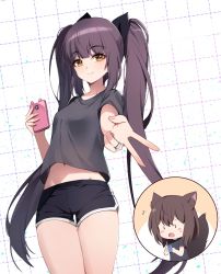 Rule 34 | 1girl, black shirt, black shorts, blouse, bow, brown hair, cowboy shot, dolphin shorts, hair bow, highres, holding, holding phone, jewelry, long hair, looking at viewer, midriff, navel, orange eyes, original, outstretched arm, phone, ring, shirt, shirt overhang, short shorts, short sleeves, shorts, smile, solo, thighs, twintails, ugwa, v, very long hair