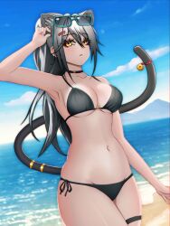 Rule 34 | 1girl, absurd fox, absurdres, alternate costume, animal ears, arknights, bare shoulders, beach, bell, bikini, black bikini, black choker, blue sky, breasts, cat ears, cat girl, cat tail, choker, cleavage, collarbone, day, grey hair, hand up, highres, large breasts, long hair, looking at viewer, navel, ocean, open mouth, outdoors, ponytail, schwarz (arknights), self-upload, side-tie bikini bottom, sky, solo, stomach, sunglasses, swimsuit, tail, tail bell, tail ornament, thigh strap, underboob, yellow eyes