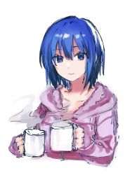 Rule 34 | 1girl, bad id, bad twitter id, blue eyes, blue hair, breasts, casual, ciel (tsukihime), closed mouth, collarbone, commentary request, cup, hair between eyes, highres, holding, holding cup, hood, hood down, hooded sweater, ketsu, long sleeves, looking at viewer, mug, official alternate costume, pink sweater, short hair, simple background, smile, solo, steam, sweater, tsukihime, tsukihime (remake), white background