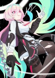 Rule 34 | 1girl, artist request, bandages, black background, black gloves, boots, breasts, cape, closed mouth, earrings, gloves, glowing, glowing eyes, honkai (series), honkai impact 3rd, jewelry, lantern (honkai impact), long hair, long sleeves, multicolored hair, necktie, no pants, pantyhose, pink hair, shirt, solo, tagme, torn clothes, white shirt