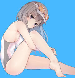 Rule 34 | 1girl, aa211108, bare legs, barefoot, blue background, breast press, breasts, breasts on lap, commentary request, eyewear on head, grey hair, highres, hugging own legs, idolmaster, idolmaster shiny colors, large breasts, legs, light blush, light smile, long hair, looking at viewer, one-piece swimsuit, purple eyes, sideboob, sitting, solo, swimsuit, thighs, visor cap, white one-piece swimsuit, yukoku kiriko