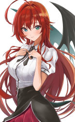 Rule 34 | 1girl, ahoge, black ribbon, black wings, blue eyes, blush, closed mouth, collared shirt, cowboy shot, demon girl, demon tail, demon wings, green eyes, hair intakes, hands on own chest, heterochromia, high school dxd, highres, huziko32, layered skirt, long hair, looking at viewer, neck ribbon, red hair, rias gremory, ribbon, school uniform, shirt, short sleeves, simple background, skirt, smile, solo, tail, very long hair, white background, white shirt, wings