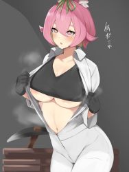 Rule 34 | + +, 1girl, animal ears, azuchi momo, black gloves, breasts, collarbone, collared shirt, gloves, grey background, hair between eyes, highres, large breasts, long sleeves, navel, nijisanji, open clothes, open mouth, pickaxe, pink eyes, pink hair, shirt, short hair, simple background, solo, sweat, symbol-shaped pupils, translated, underboob, virtual youtuber, zijou