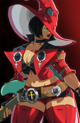 Rule 34 | 1girl, belt, black hair, breasts, choker, cleavage, commission, electric guitar, fingerless gloves, gloves, gradient background, guilty gear, guilty gear strive, guitar, hat, highres, holding, holding instrument, i-no, instrument, jacket, lipstick, makeup, mole, mole above mouth, navel, red hat, red jacket, red shorts, red thighhighs, short hair, short shorts, short sleeves, shorts, solo, sunglasses, thighhighs, tinted eyewear, tovio rogers, witch hat