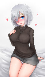 Rule 34 | 10s, 1girl, alternate costume, arm support, bad id, bed, bed sheet, black sweater, blue eyes, breasts, casual, e-kichi, eyebrows, eyes visible through hair, from above, hair ornament, hair over one eye, hairclip, hamakaze (kancolle), hand on own chest, highres, jewelry, kantai collection, large breasts, looking at viewer, miniskirt, open mouth, panties, pantyshot, ribbed sweater, ring, short hair, silver hair, sitting, skirt, smile, solo, striped clothes, striped panties, sweater, tongue, turtleneck, turtleneck sweater, underwear, vertical-striped clothes, vertical-striped panties, wedding band, wedding ring