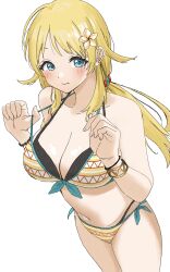 Rule 34 | 1girl, absurdres, bare shoulders, bikini, bikini pull, black bikini, blonde hair, blue eyes, blush, breasts, cleavage, closed mouth, clothes pull, commentary request, dunchy, flower, hachimiya meguru, hair flower, hair ornament, highres, idolmaster, idolmaster shiny colors, large breasts, looking at viewer, navel, print bikini, pulled by self, simple background, solo, stomach, swimsuit, white background, yellow bikini