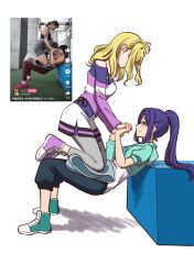 Rule 34 | 2girls, absurdres, blue pants, braid, breasts, commentary request, crown braid, green footwear, green hoodie, grey pants, highres, holding hands, hood, hoodie, interlocked fingers, long hair, looking at another, love live!, love live! sunshine!!, matsuura kanan, medium breasts, medium hair, multiple girls, nyasa, ohara mari, pants, photo-referenced, ponytail, purple eyes, purple footwear, purple hair, purple shirt, reference inset, shirt, shoes, sidelocks, sitting, sitting on person, white background
