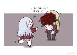 Rule 34 | 2girls, ^ ^, assault lily, blonde hair, blunt bangs, border, bouquet, brown footwear, brown pantyhose, chibi, closed eyes, covered face, flower, flying sweatdrops, grey background, grey hair, hands up, heart, highres, holding, holding bouquet, kabayaki (kabayaki eel), kanba girls high school uniform, kon kanaho, leg up, long hair, long sleeves, miniskirt, miyagawa takane, motion lines, multiple girls, open mouth, outside border, outstretched arms, pantyhose, profile, red flower, red rose, red shirt, rose, running, school uniform, shirt, shoes, simple background, skirt, smile, standing, thighhighs, translated, twitter username, very long hair, white border, white thighhighs, yuri, zettai ryouiki