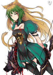 Rule 34 | 1girl, animal ear fluff, animal ears, atalanta (fate), black gloves, black skirt, black thighhighs, blonde hair, blood, blood on clothes, blood on face, bow (weapon), cat ears, cat tail, closed mouth, dutch angle, fate/apocrypha, fate (series), gloves, gradient hair, green eyes, green hair, highres, holding, holding bow (weapon), holding weapon, long hair, miniskirt, multicolored hair, pleated skirt, shitamichi, short sleeves, simple background, skirt, solo, standing, tail, thighhighs, turtleneck, very long hair, weapon, white background, zettai ryouiki