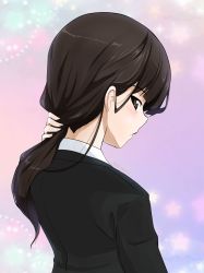 Rule 34 | 1girl, abimaru gup, adjusting hair, black eyes, black hair, black jacket, closed mouth, commentary, dress shirt, from behind, girls und panzer, half-closed eyes, highres, jacket, light blush, long hair, long sleeves, looking at viewer, looking back, multicolored background, nape, nishizumi shiho, shirt, solo, straight hair, twitter username, upper body, white shirt