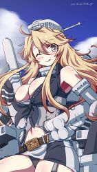 Rule 34 | 1girl, 547th sy, absurdres, artist name, blonde hair, blue eyes, blue sky, breasts, cloud, cowboy shot, dated, fingerless gloves, front-tie top, garter straps, gloves, highres, iowa (kancolle), kantai collection, large breasts, looking at viewer, machinery, miniskirt, missile, one eye closed, panties, pantyshot, rocket launcher, skirt, sky, solo, star-shaped pupils, star (symbol), striped clothes, striped skirt, symbol-shaped pupils, tongue, tongue out, underwear, vertical-striped clothes, vertical-striped skirt, weapon, white panties