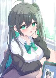 Rule 34 | 1girl, 1other, ahoge, black cardigan, blush, bow, bowtie, breasts, cardigan, cellphone, chair, collared shirt, colored inner hair, commentary request, desk, green bow, green bowtie, green eyes, green hair, hair between eyes, head rest, highres, holding, holding phone, large breasts, long hair, long sleeves, looking at viewer, medium breasts, mikaze oto, multicolored hair, off shoulder, one side up, open mouth, original, partially unbuttoned, phone, school chair, school desk, school uniform, shirt, sidelocks, sitting, smartphone, smile, solo focus, streaked hair, two-tone hair, white shirt