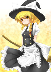 Rule 34 | 1girl, bad id, bad pixiv id, blonde hair, braid, broom, female focus, gradient background, hat, highres, inu3, kirisame marisa, side braid, solo, touhou, white background, witch, witch hat, yellow eyes