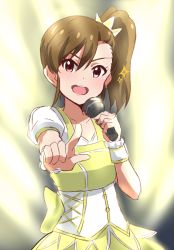 Rule 34 | 1girl, :d, bow, brown eyes, brown hair, collarbone, dars (recolors), dress, futami mami, hair between eyes, hair ornament, head tilt, high ponytail, holding, holding microphone, idolmaster, idolmaster (classic), index finger raised, long hair, looking at viewer, microphone, open mouth, short sleeves, side ponytail, sketch, smile, solo, wrist cuffs, yellow bow, yellow dress