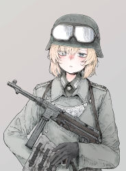 Rule 34 | 1girl, absurdres, assault rifle, blonde hair, character request, copyright request, gloves, goggles, goggles on head, goggles on headwear, grey background, gun, hat, helmet, highres, holding, holding gun, holding weapon, jacket, long sleeves, military, military hat, military jacket, military uniform, original, rifle, shichisaburo, simple background, soldier, solo, uniform, weapon, world war ii