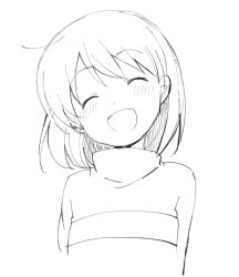 Rule 34 | 1girl, closed eyes, flower, frisk (undertale), greyscale, head tilt, long sleeves, looking at viewer, monochrome, open mouth, short hair, simple background, smile, solo, striped clothes, striped sweater, sweater, undertale, white background, xox xxxxxx