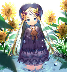 Rule 34 | 1girl, abigail williams (fate), absurdres, artist name, black dress, black hat, blonde hair, blue eyes, bow, bug, butterfly, closed mouth, commentary request, dated, dress, fate/grand order, fate (series), flower, forehead, hair bow, hands in opposite sleeves, hat, highres, holding, holding stuffed toy, ike hikari, insect, keyhole, leaning to the side, long hair, long sleeves, looking at viewer, orange bow, parted bangs, polka dot, polka dot bow, purple bow, solo, stuffed animal, stuffed toy, sunflower, teddy bear, very long hair, wading, water, water drop