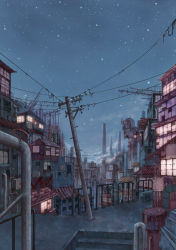 Rule 34 | absurdres, architecture, bad id, bad pixiv id, building, city, cityscape, cola (gotouryouta), factory, highres, night, no humans, smoking pipe, railing, scenery, snow, stairs