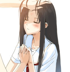 Rule 34 | 1girl, black hair, blush, closed eyes, collarbone, forehead, futami eriko, hand on another&#039;s head, holding hands, interlocked fingers, kimi kiss, long hair, morii shizuki, parted lips, school uniform, simple background, solo focus, white background